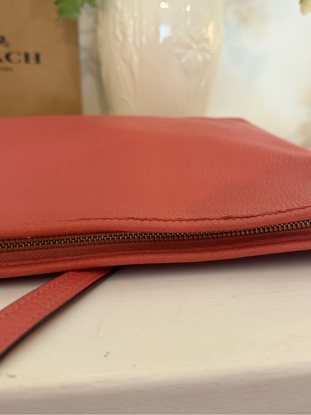 COACH Coral Bright Pink Perforated Logo Pebble Leather Crossbody style 91167 - Picture 9 of 15